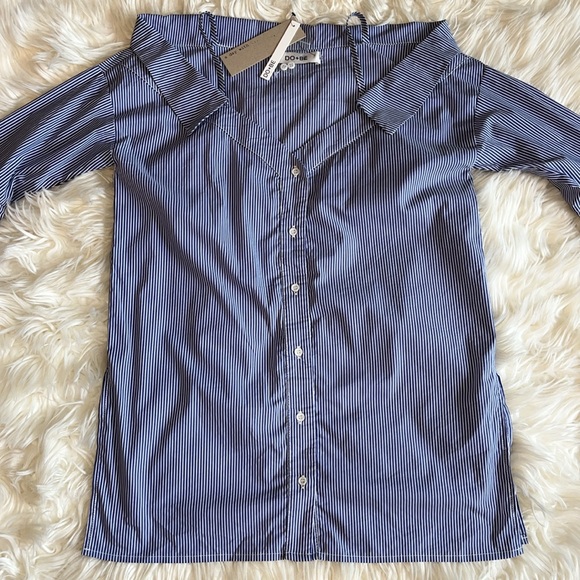 NWT DO+BE Blue/White Striped Off-the-Shoulder Button-Up Top - Picture 5 of 13